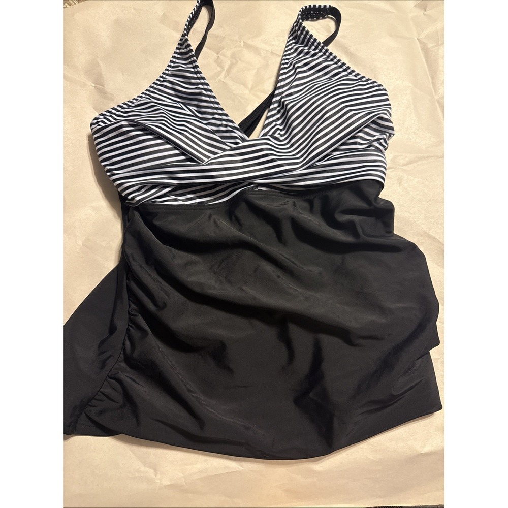 Yonique Tankini Top Swimsuit Ruched Black White Striped‎ Adjustable Straps NWT
